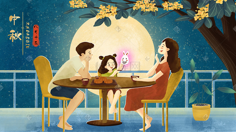 中秋节家庭一家三口吃月饼赏月中秋背景图片