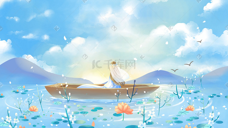 蓝色唯美小清新卡通夏天泛舟游湖夏季配图图片