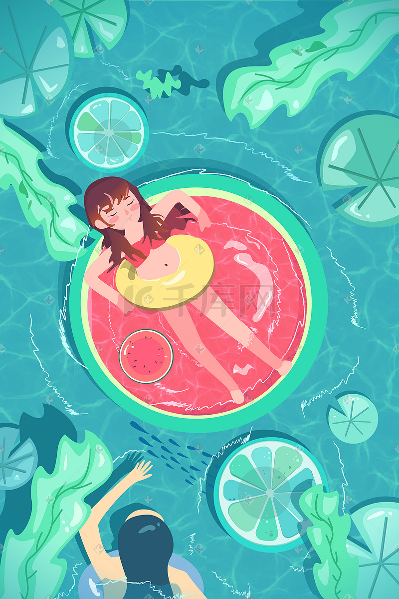 绿色夏天小暑期女孩在西瓜上游泳图片