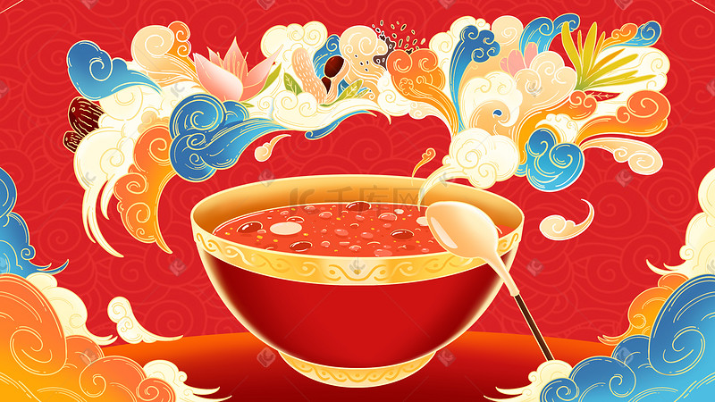 新年春节红色手绘国潮风腊八粥图片