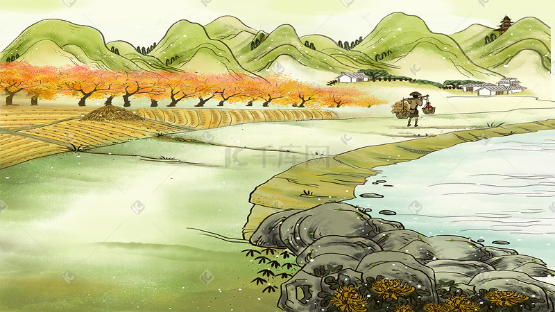 中国水墨风景图清新淡雅风格秋季山水图图片
