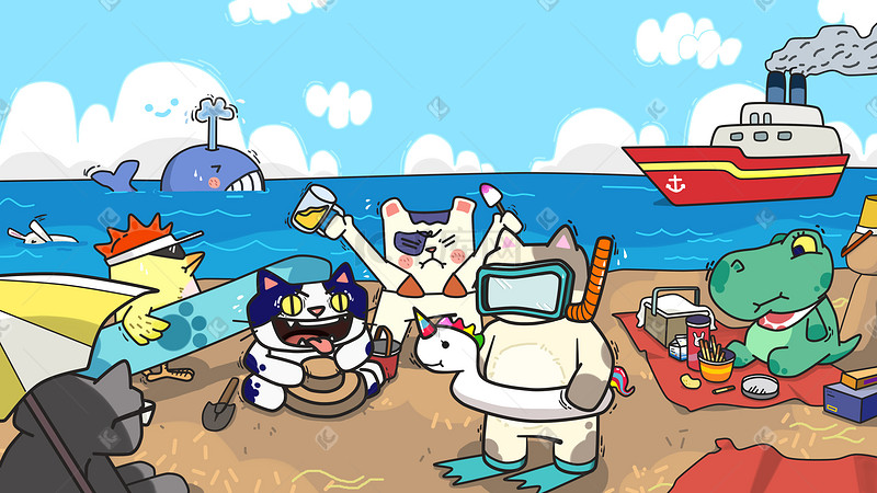 夏季可爱卡通动物沙滩玩耍图图片