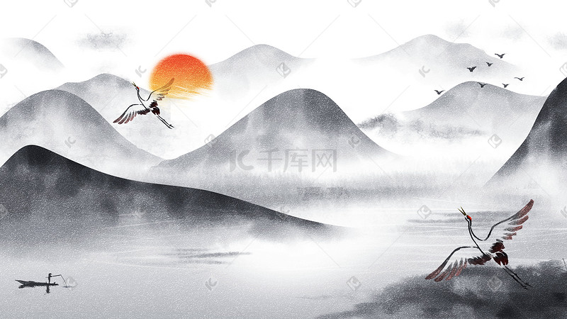 风景山水水墨泛舟垂钓余晖黑白景色插画图片