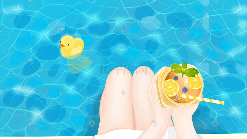 小清新夏季女生泳池边喝水果茶图片