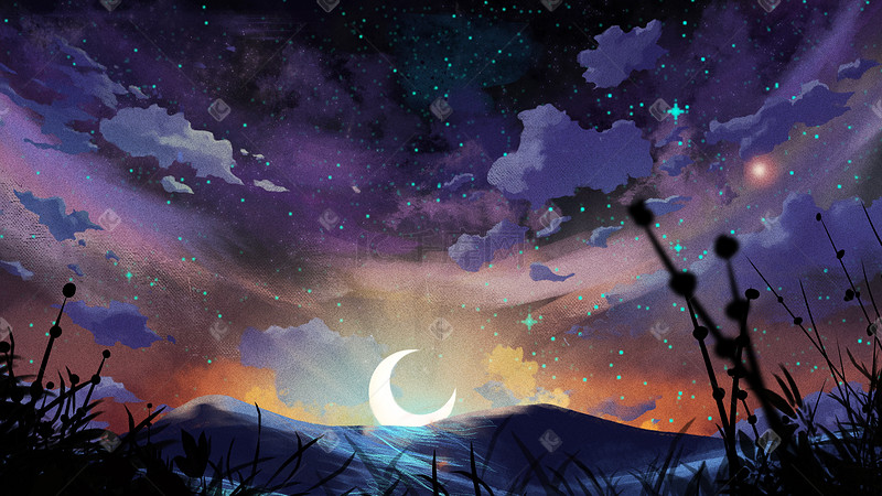 夜晚星空星星治愈唯美月亮风景植物夜景天空云背景图片
