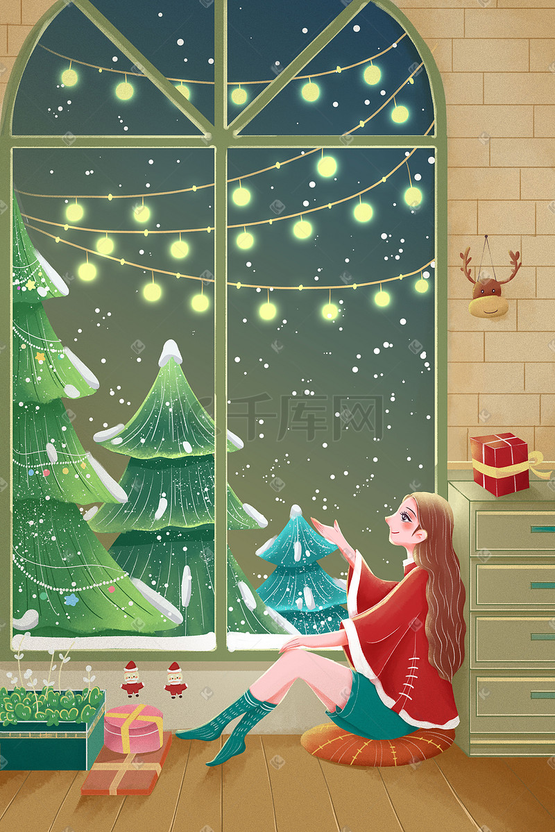 圣诞节窗外圣诞的节日气息手绘插画圣诞图片
