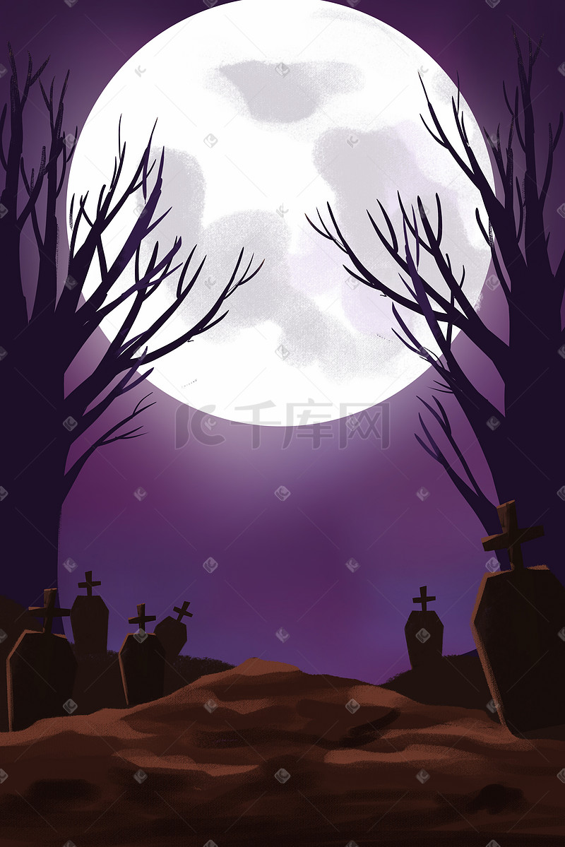 夜晚墓地扫墓墓碑森林月亮恐怖万圣节背景图片