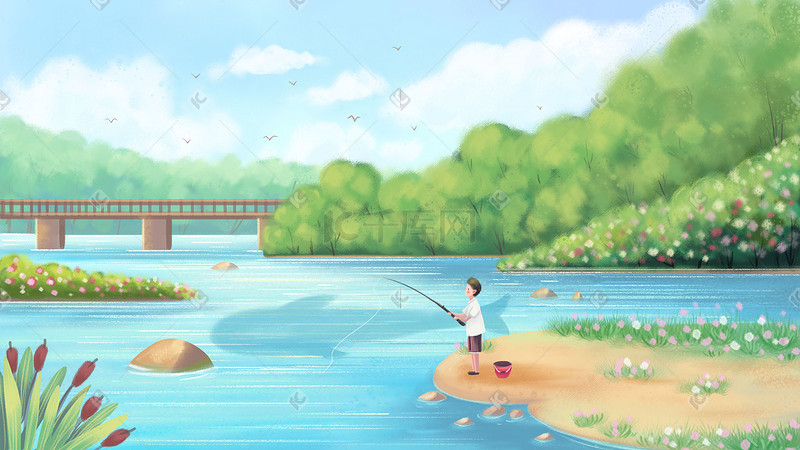 夏天河边钓鱼风景树林草地插画背景图片