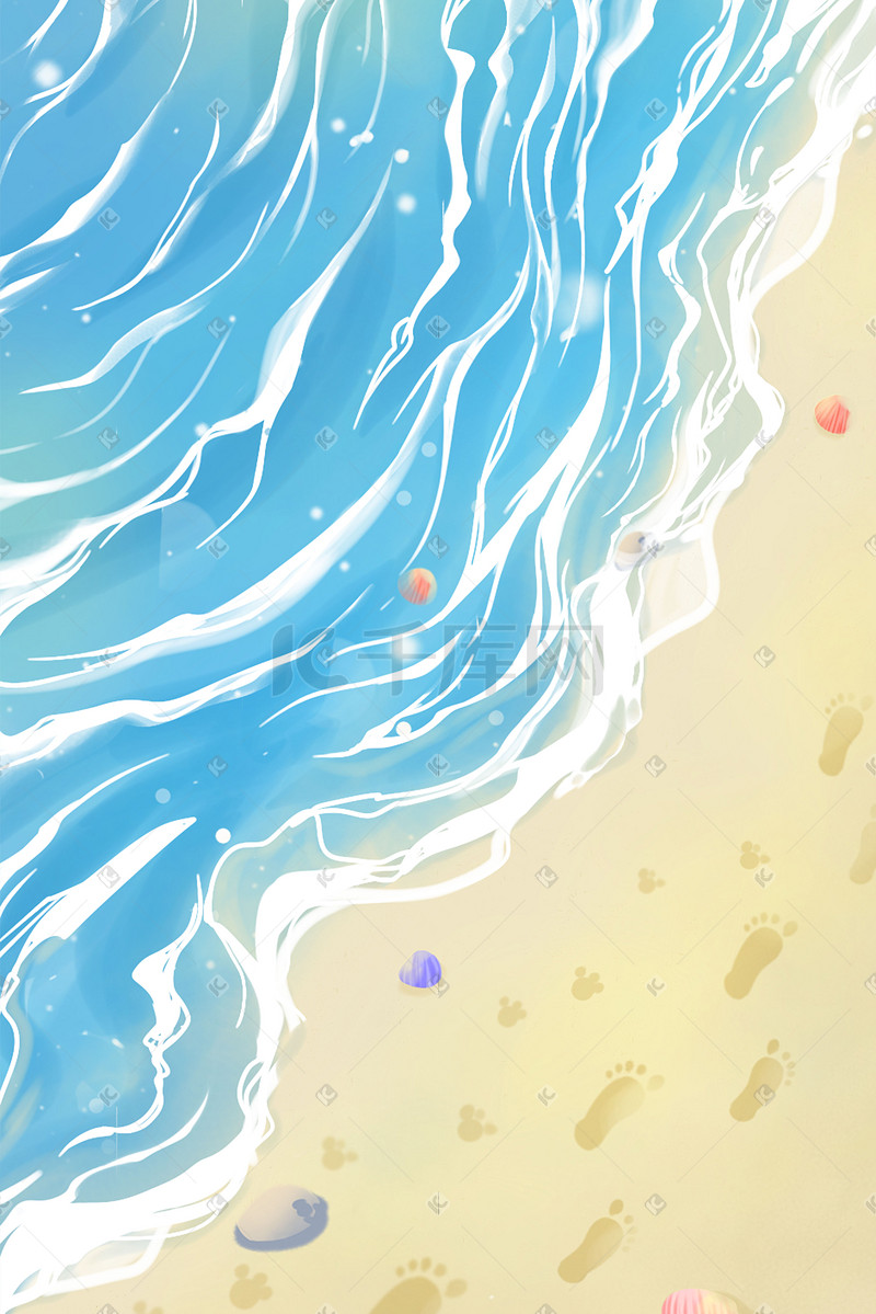 蓝色唯美小清新卡通海水立夏夏季海边配图图片
