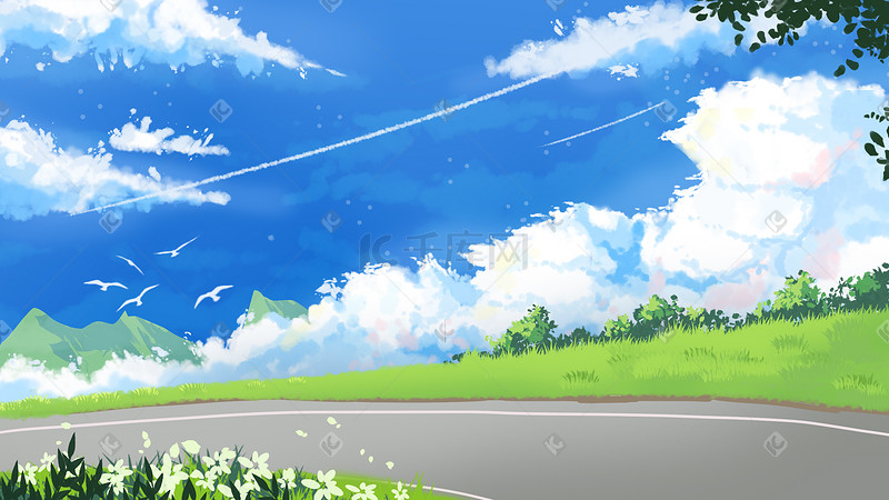 夏天天空蓝天云草地户外风景公路插画背景图片