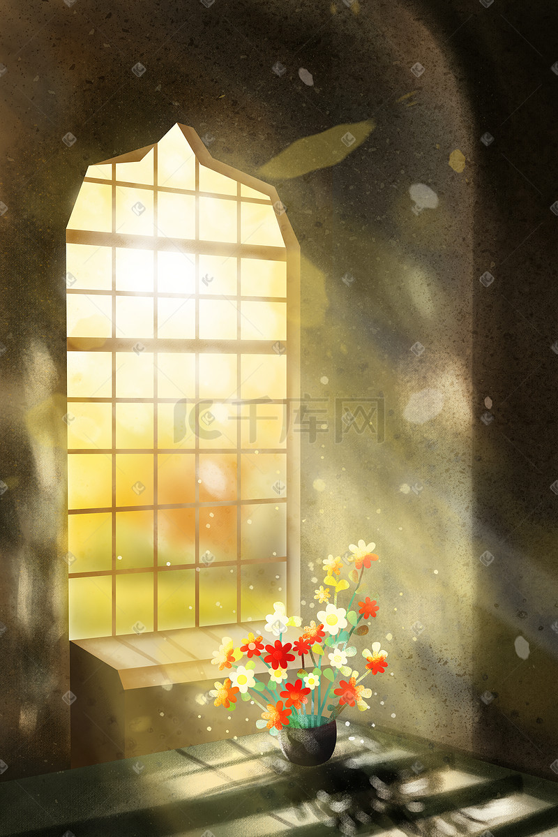 秋天秋季室内窗户花束花瓶花朵图片