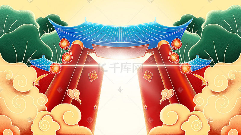 中国风新年春节国潮手绘肌理中式大门618图片