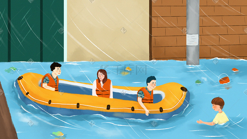 洪水暴雨台风抢险救援抗洪救灾场景插画安全教育科普图片