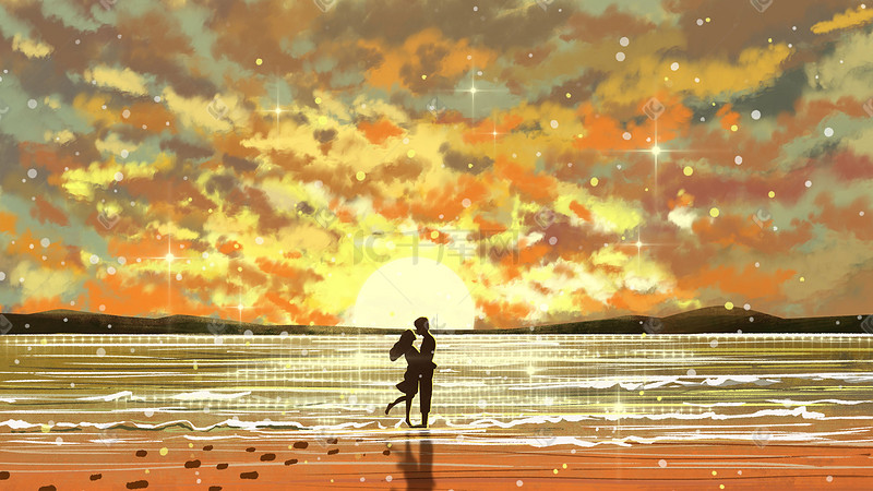 秋天天空云夕阳温馨七夕情人节情侣海边海沙滩海浪浪漫背景图片