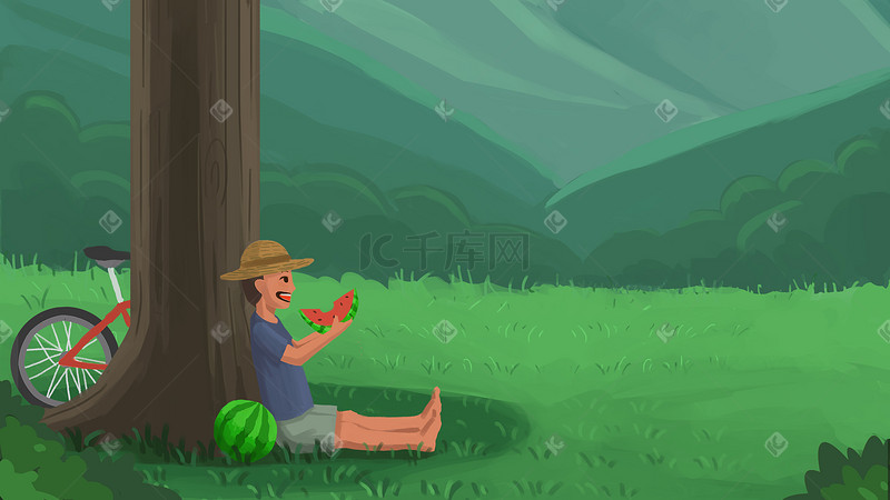 炎热的夏天在树荫下吃点西瓜解暑图片