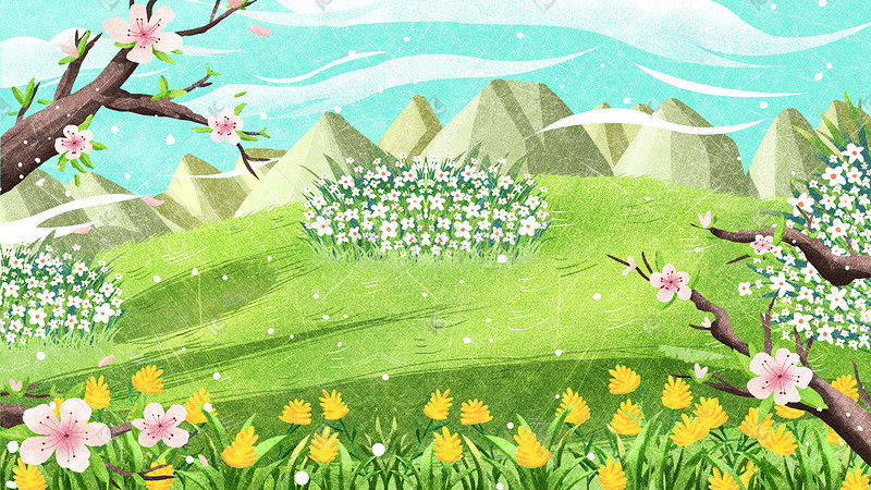 绿色系唯美童话草地树木鲜花风景背景图片