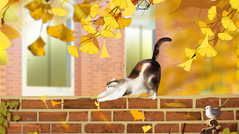秋天立秋猫咪追逐树叶落叶唯美插画背景图片