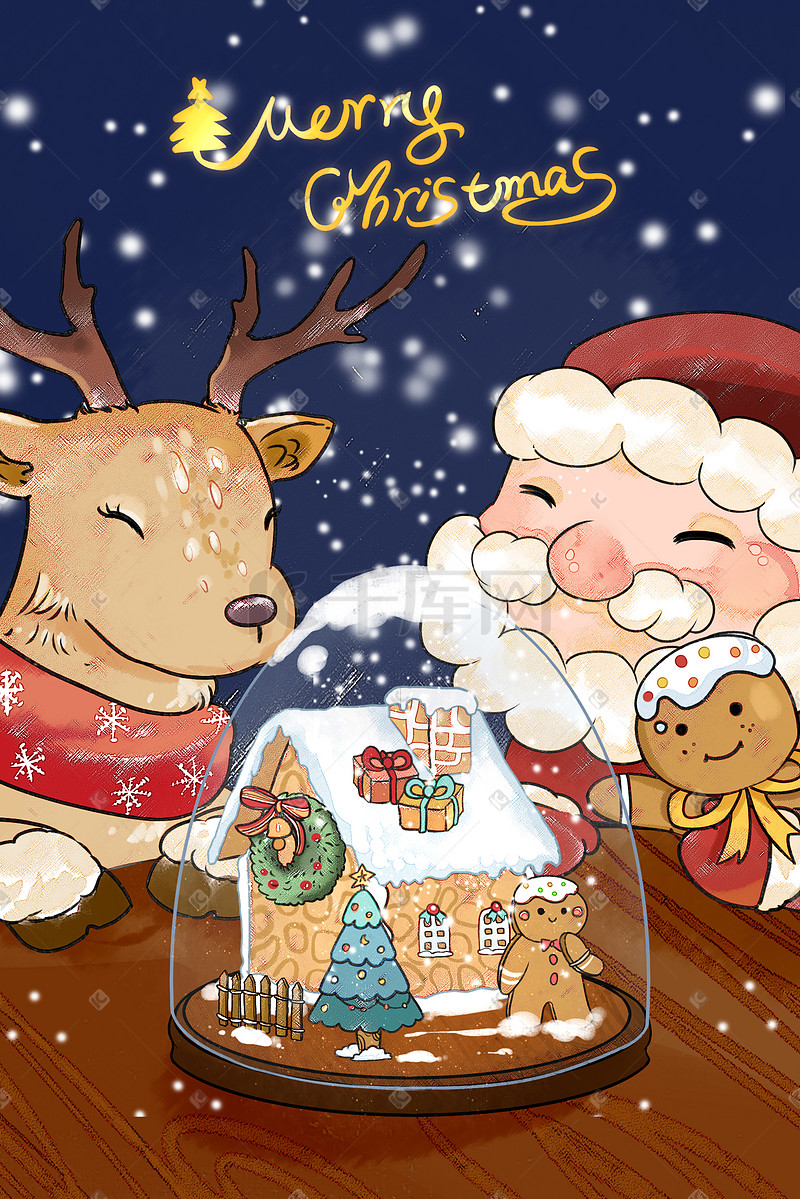 圣诞节平安夜圣诞老人麋鹿可爱插画图片