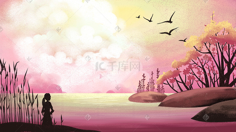粉色卡通手绘天空云树大雁背景图片
