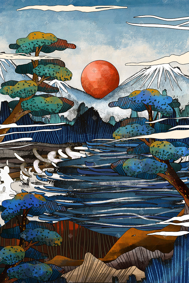 国潮工笔富士山浮世绘风景手绘插画背景图片