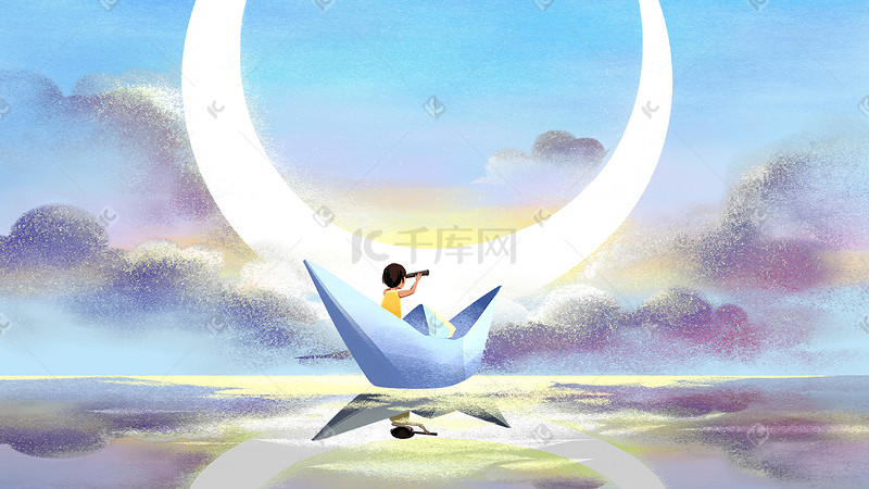 卡通手绘天空蓝天云月亮船夜晚星空海面男孩望远镜背景图片