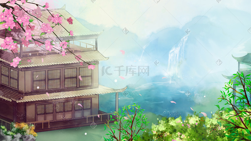 中国风三层木质古建筑别墅古风场景山水风景图片