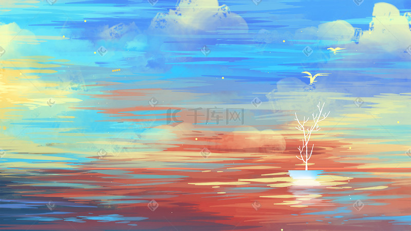 彩色唯美卡通治愈油画天空蓝天云海背景图片