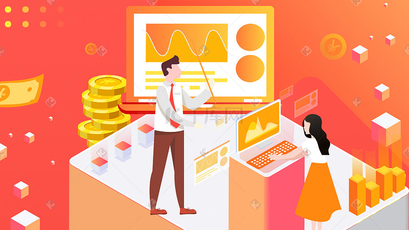 橙色2.5D互联网金融信息插画科技图片