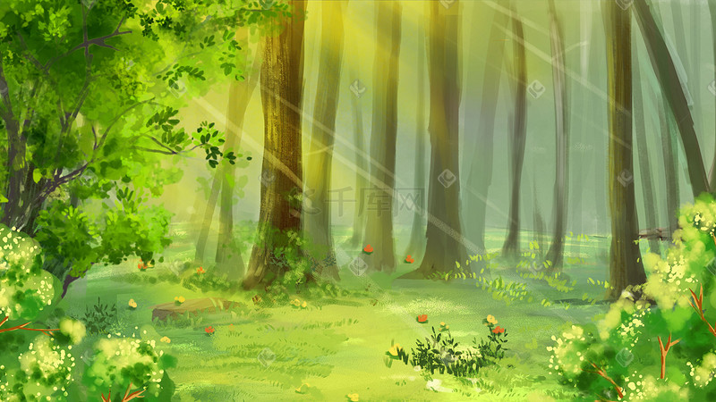 唯美治愈日系漫画风森林树木阳光清新绿色系图片