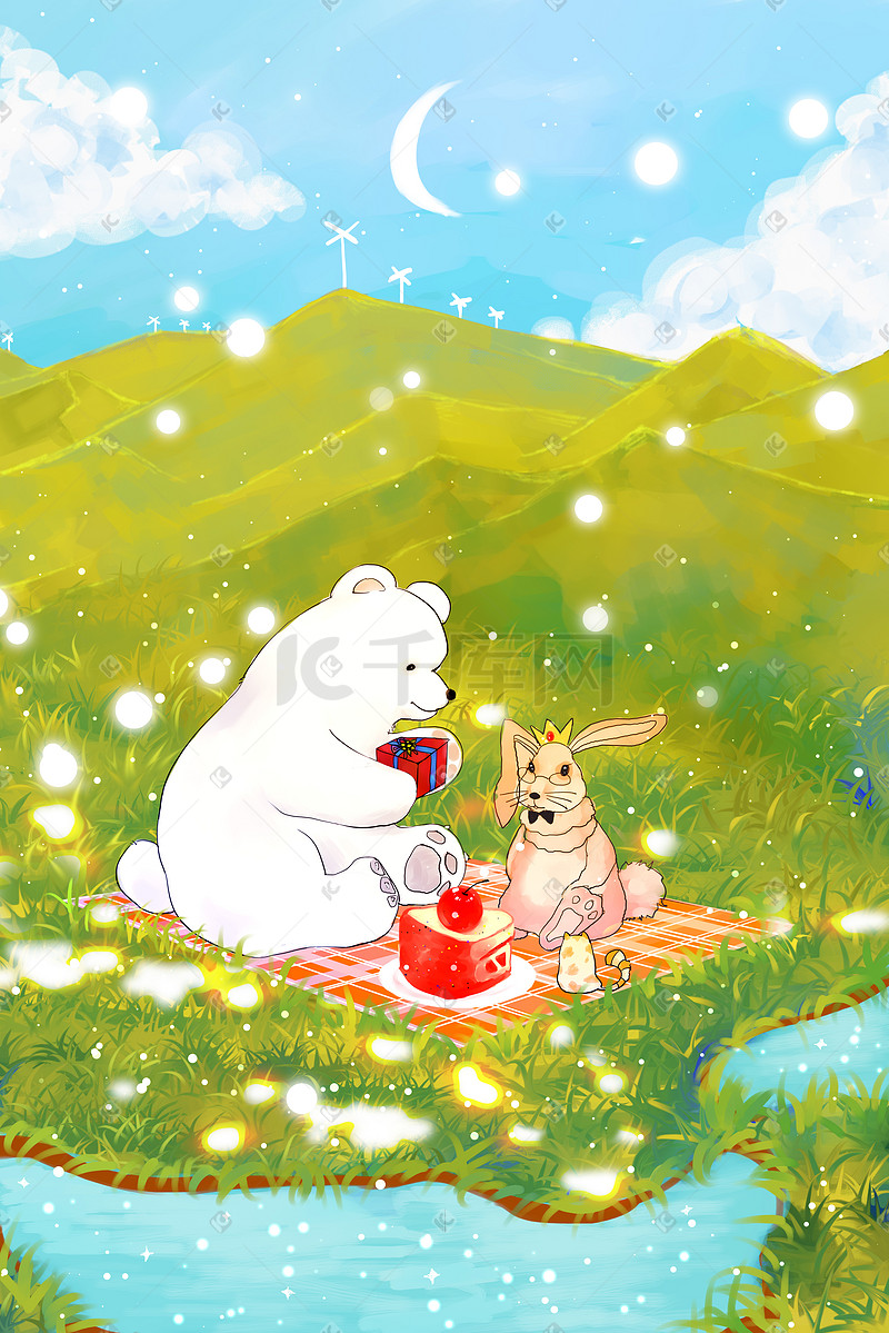 小兔子熊熊生日快乐治愈插画图片