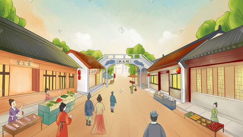 新年春节新中国风古代集市场景手绘插画图片