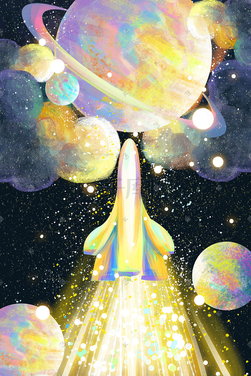 宇宙飞船火箭星空风景星星云插画背景图片