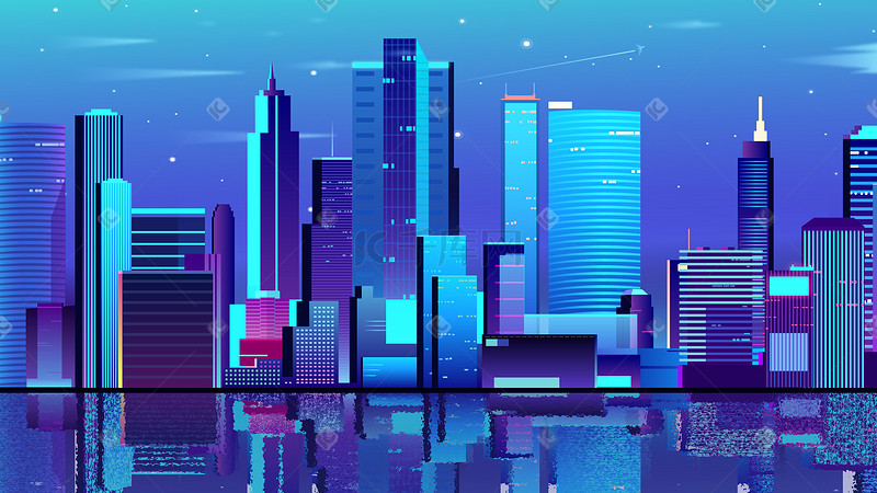 蓝色城市湖面倒影插画科技图片