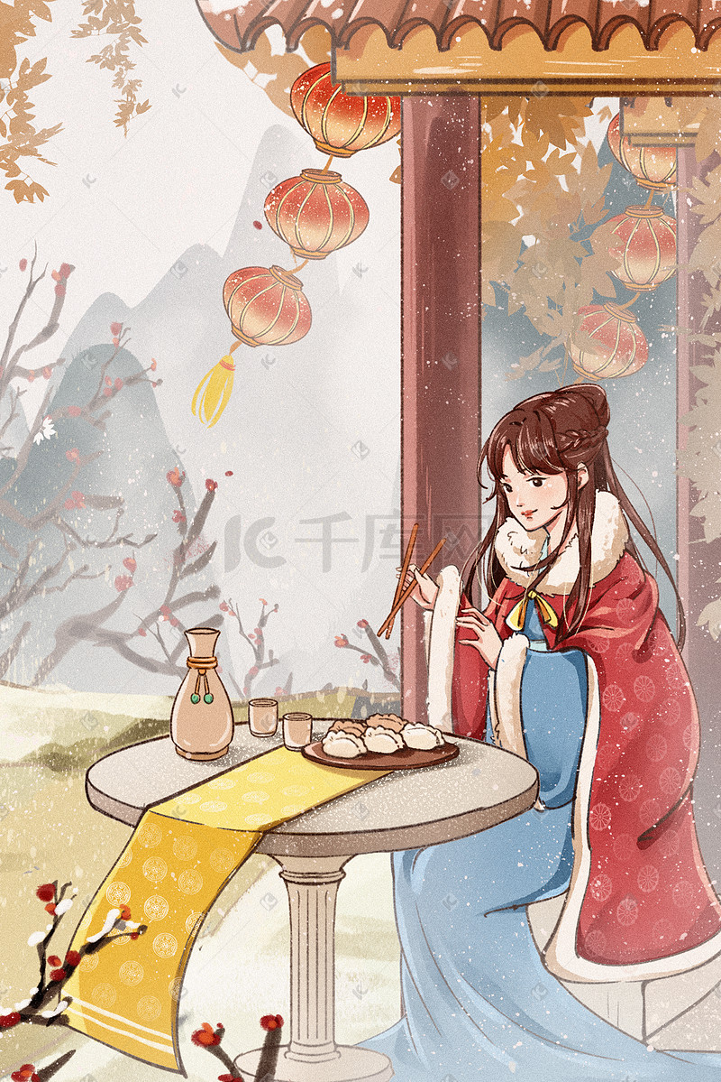 节气立冬小雪手绘古风古代生活女孩吃饺子图片