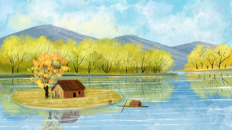 立秋秋天24节气湖中岛油画风景图片
