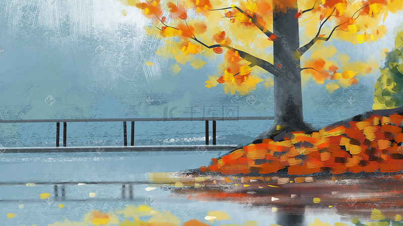 秋季江边小桥落叶黄色橙红色暖系油画插画图片