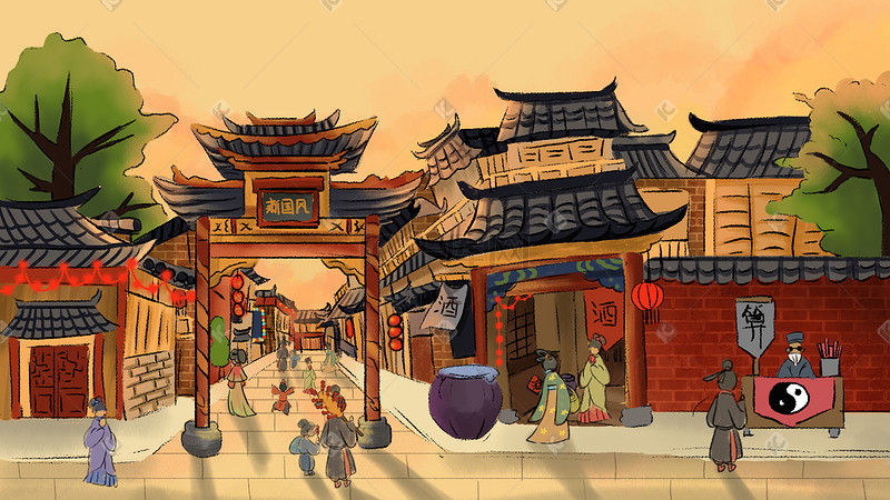 新年春节中国风古建筑古风街道逛街摆摊图片