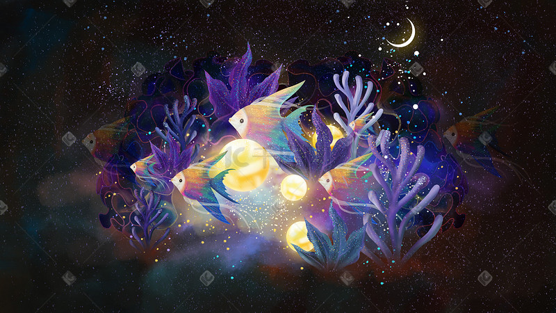 夏天紫色五彩大海海洋海底海珊瑚鱼珍珠发光梦幻插画背景图片