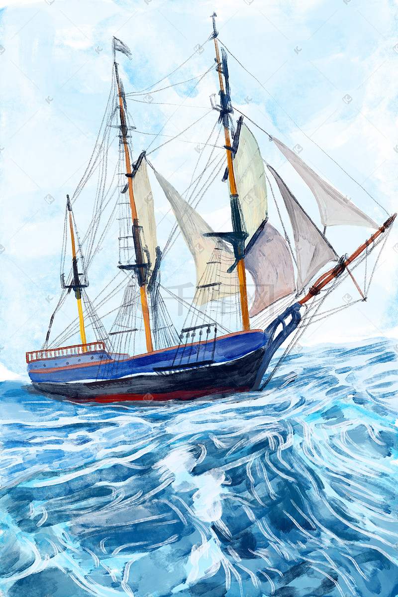 夏天水彩大海帆船海上航行插画背景图片