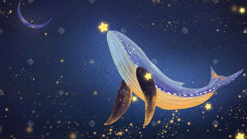 唯美治愈夜空星空星星鲸鱼夜晚卡通背景图片