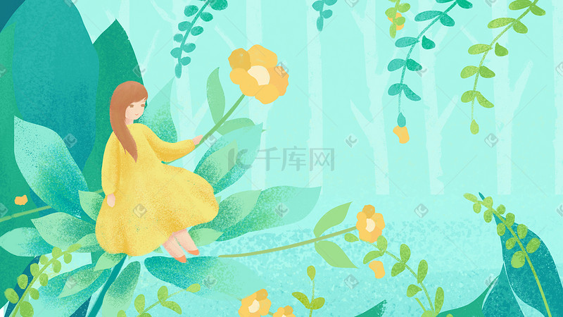 清新唯美花朵少女游玩插画图片