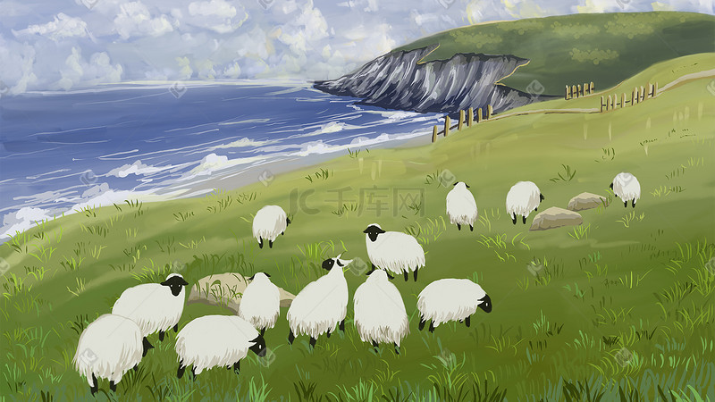五月你好海边风景放羊厚涂图片