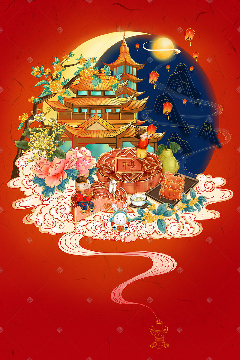中国风传统节日中秋国庆月饼兔子月亮中秋插画中秋图片