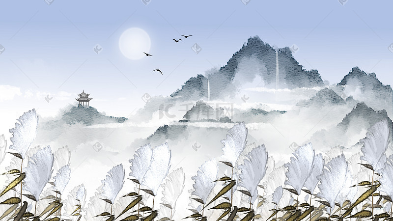 中国风水墨背景冷月清秋图片