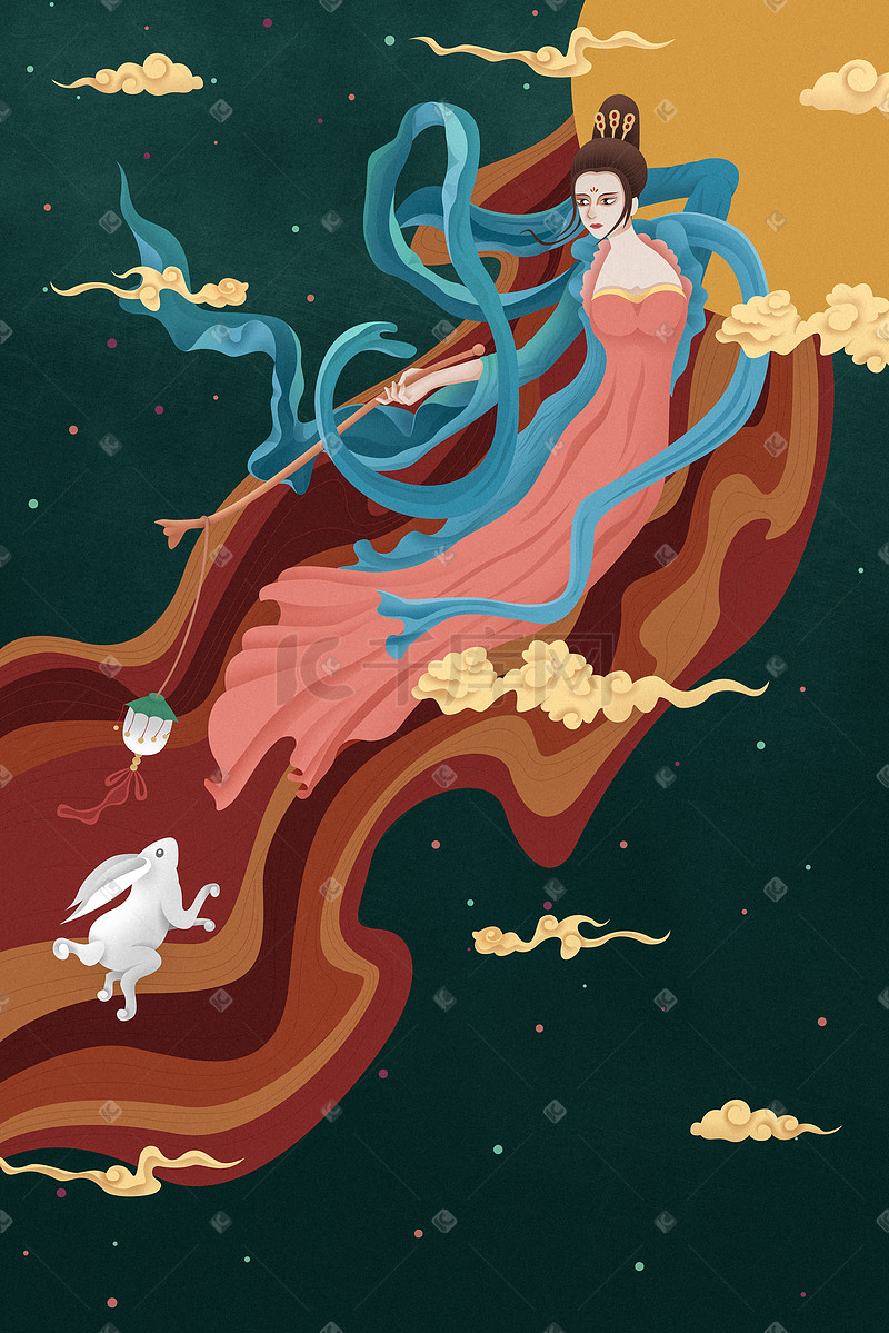 国潮神话中国风嫦娥奔月祥云图片