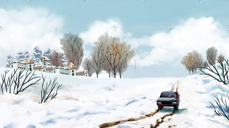 雪地行车雪景远处的小镇和树图片