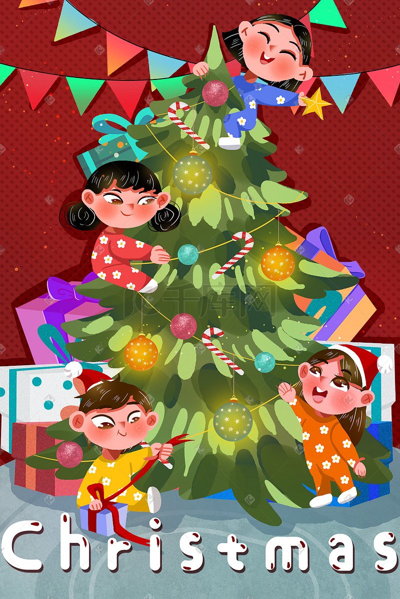 圣诞卡通圣诞节小朋友装饰圣诞树插画圣诞图片