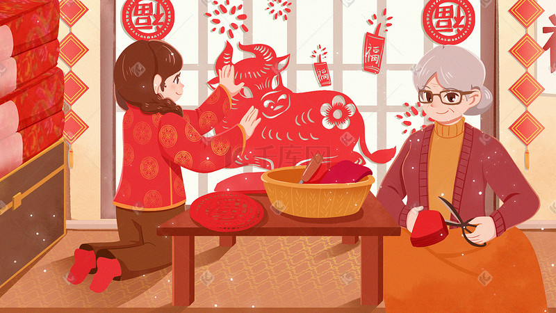 新年春节新年习俗老奶奶剪窗花图片