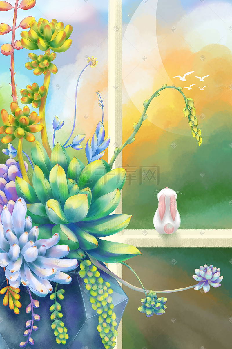 夏天厚涂窗前的多肉植物树叶天空兔子手绘插画图片