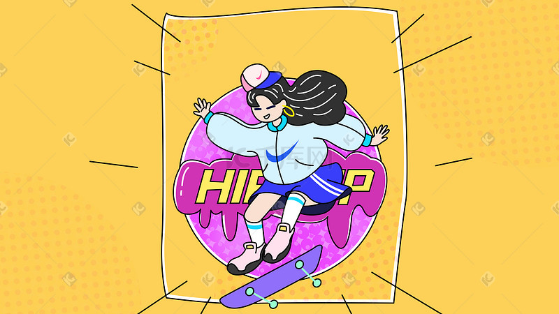 嘻哈滑板女孩扁平矢量插画图片